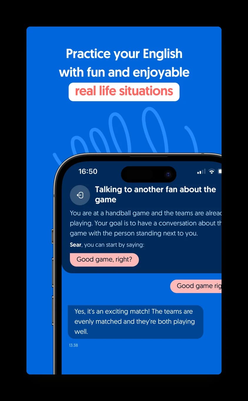 A practice chat in the app, making small talk with another fan at a handball game