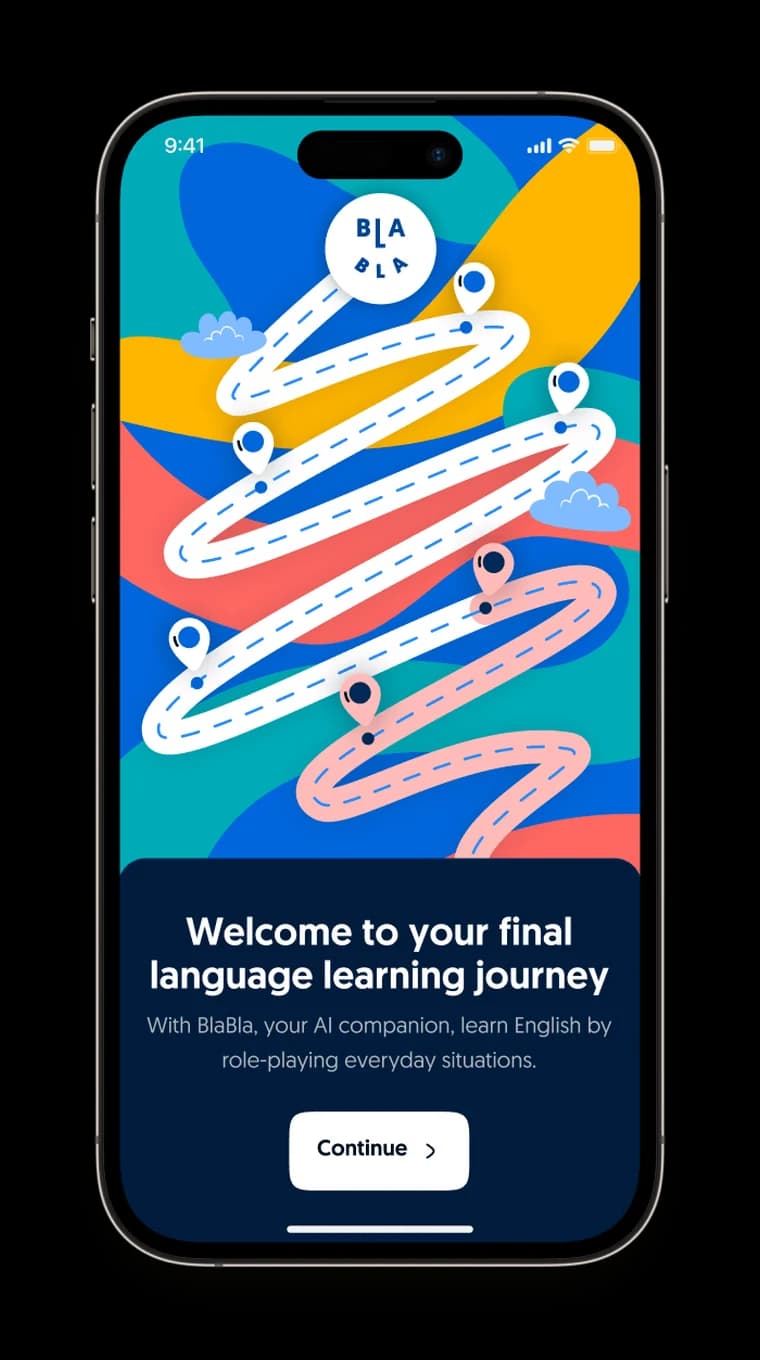 The BlaBla welcome screen on an iPhone: a winding path of situations to role-play