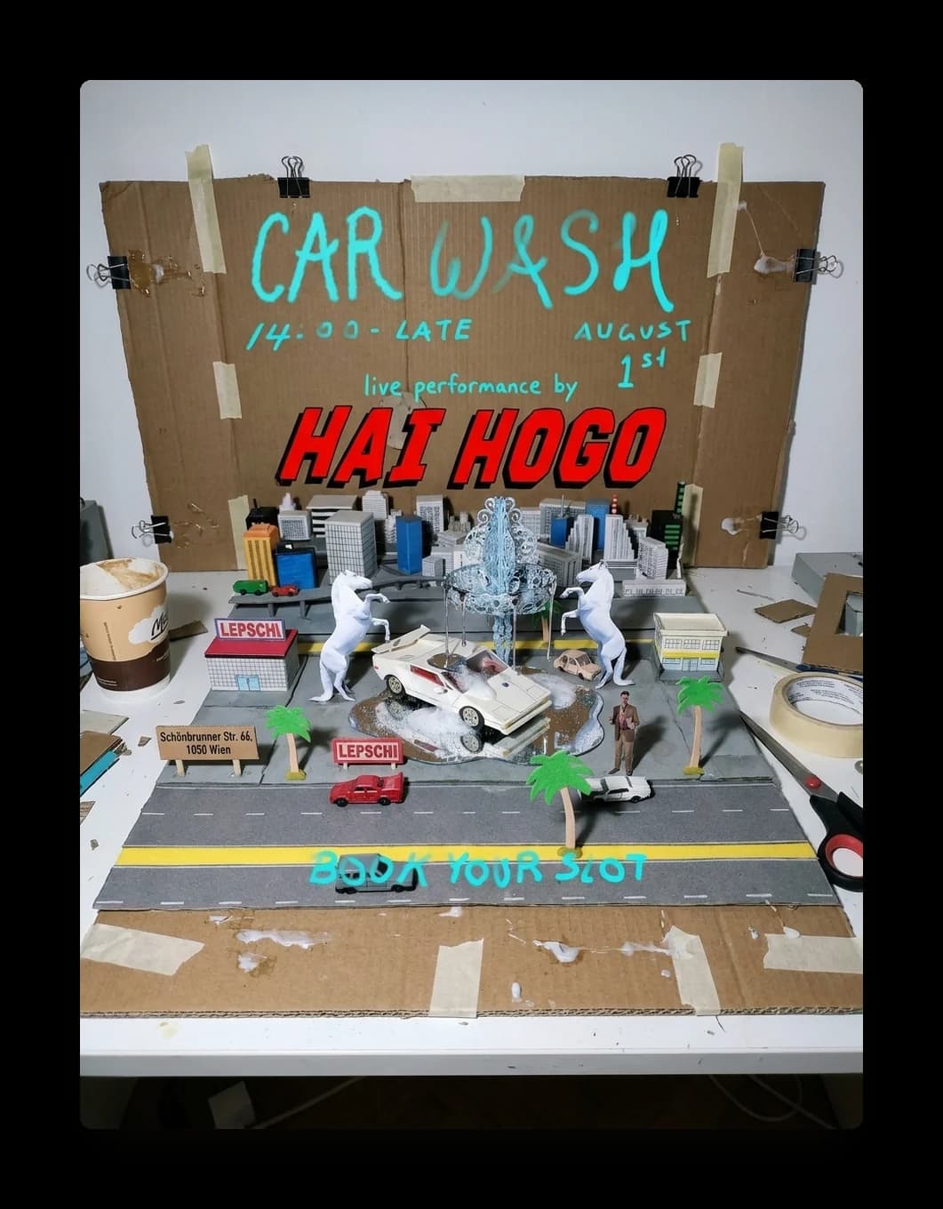 The same set on the desk, clamps and scissors still in frame