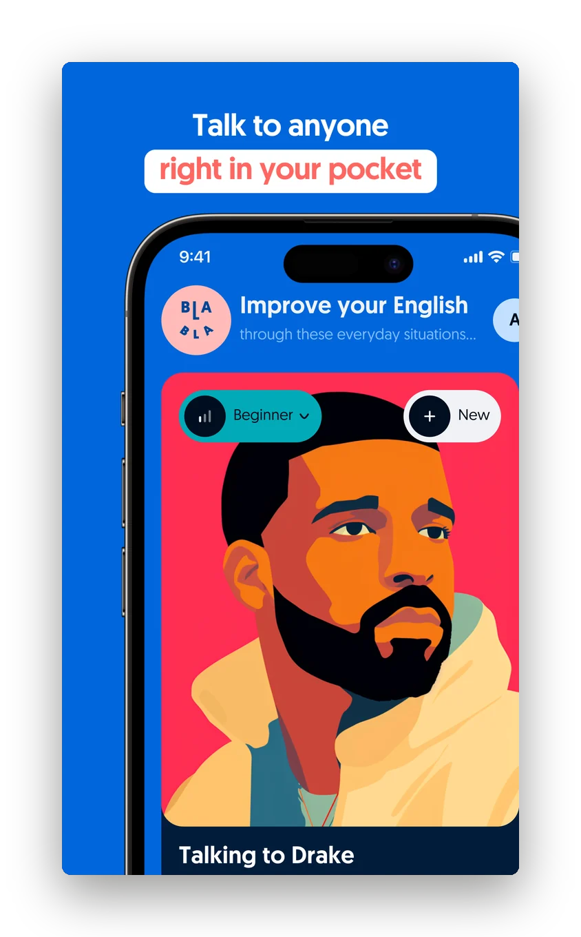 Choosing a conversation partner in the app, Talking to Drake