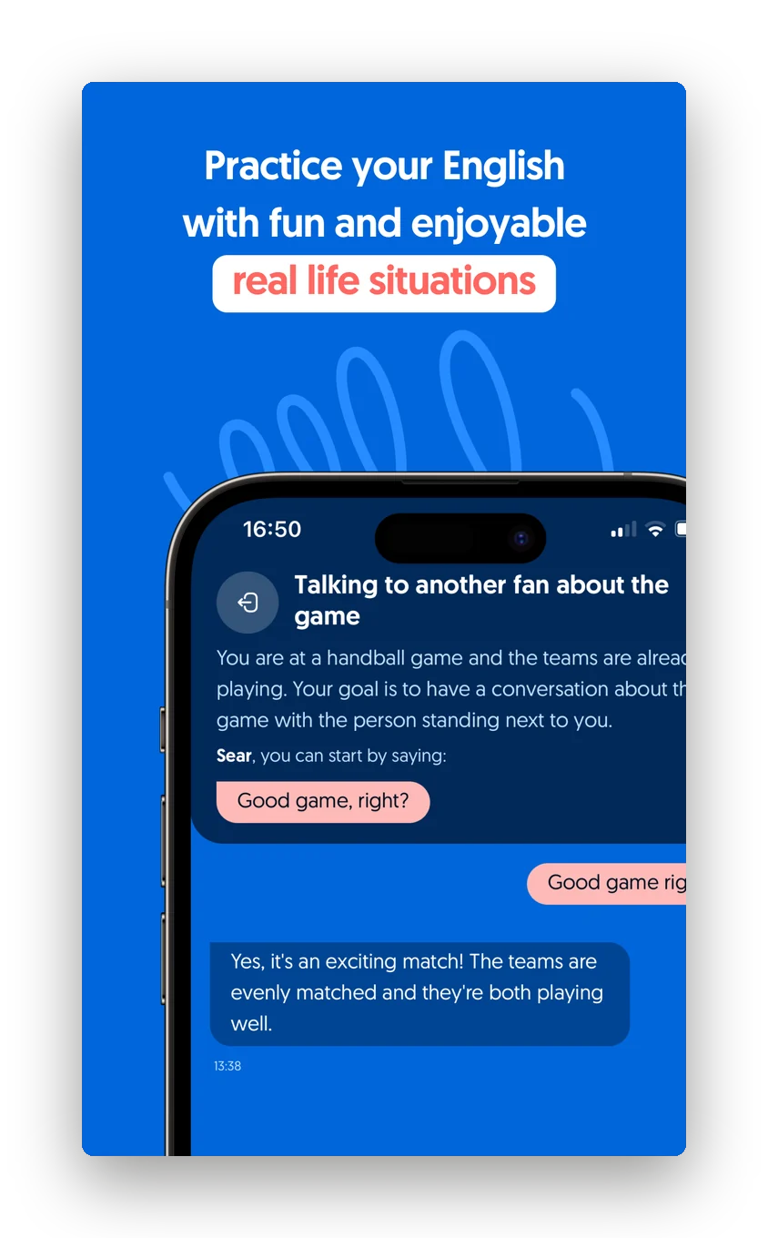 A practice chat in the app, making small talk with another fan at a handball game