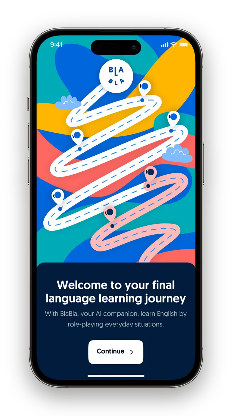 The BlaBla welcome screen on an iPhone: a winding path of situations to role-play