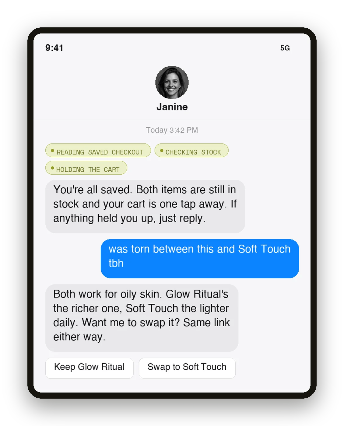 Janine holding a cart over SMS and offering the swap
