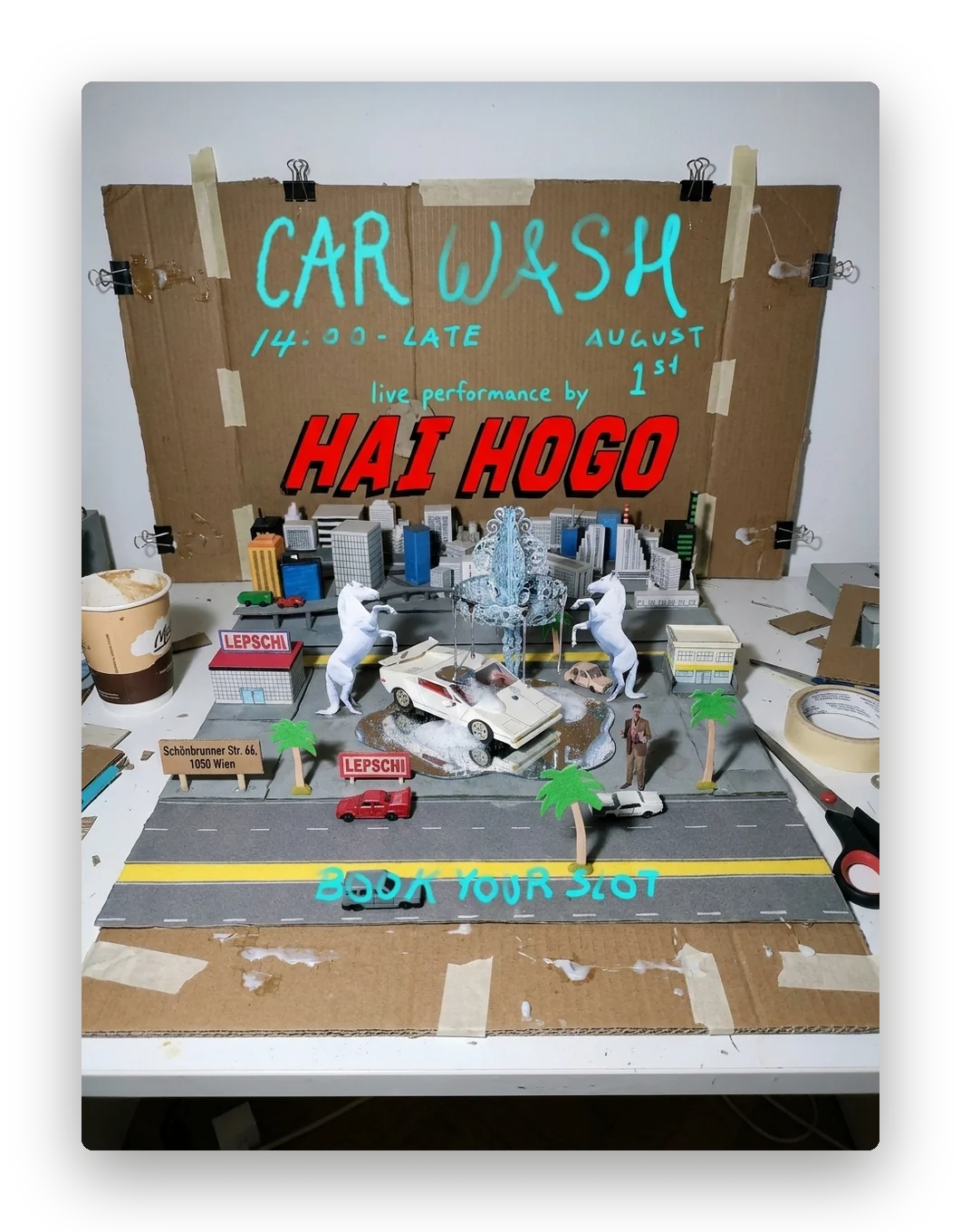 The same set on the desk, clamps and scissors still in frame